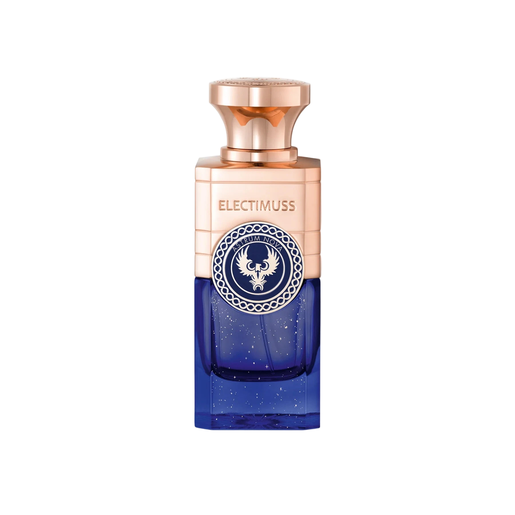 Perfume bottle with rose gold cap and blue base on a white background